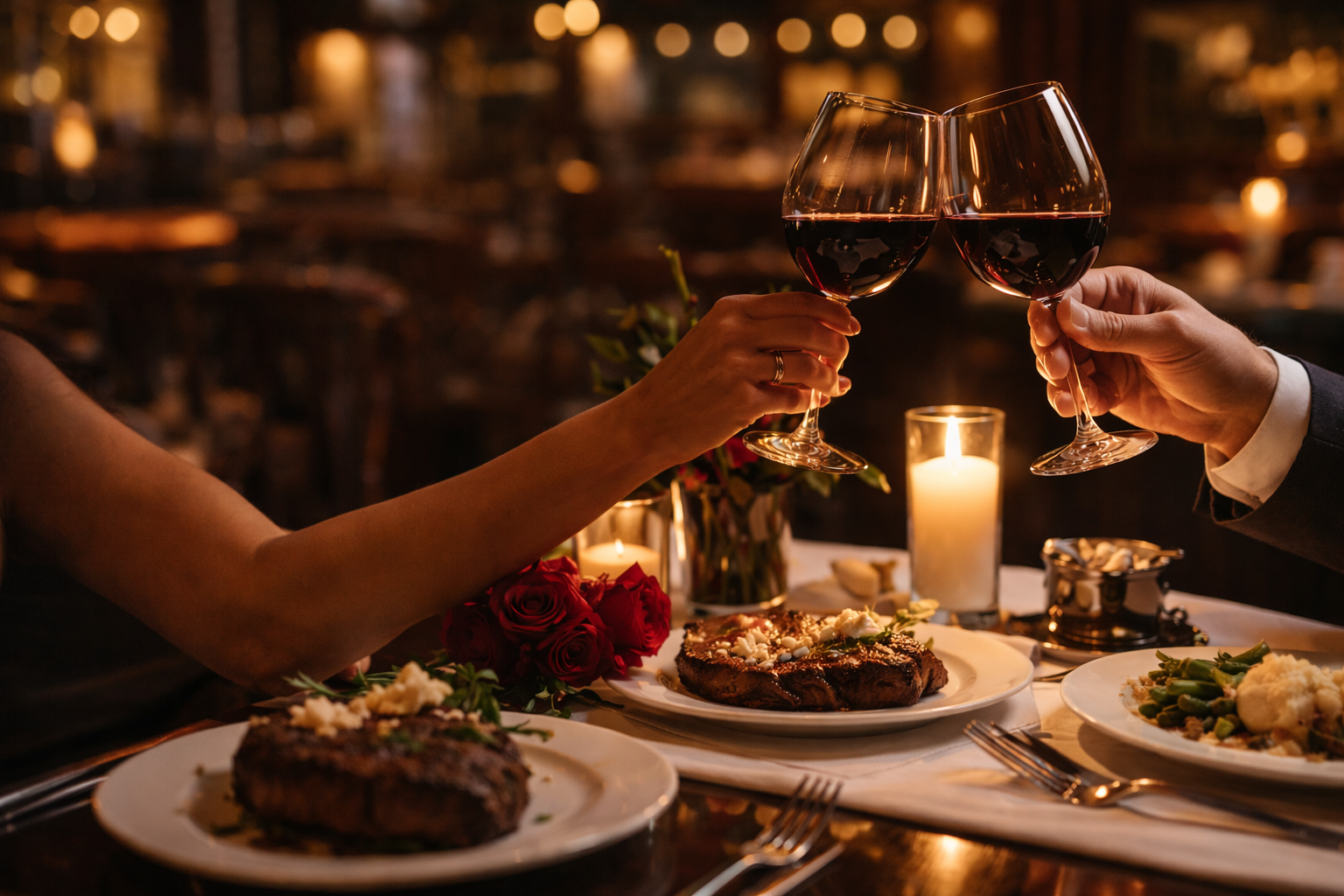 Wine glasses and candles in romance