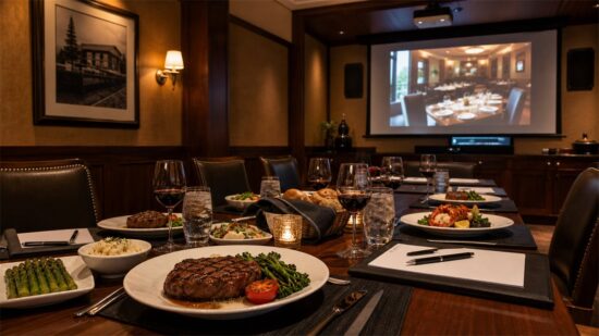 Private steakhouse dining room set for a business dinner with plated food, wine glasses, notebooks, and AV equipment.