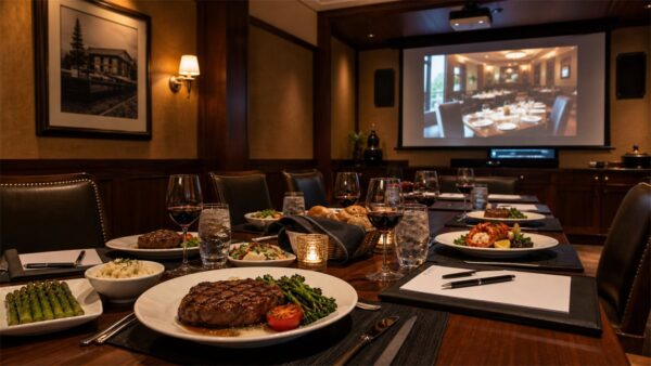 Private steakhouse dining room set for a business dinner with plated food, wine glasses, notebooks, and AV equipment.